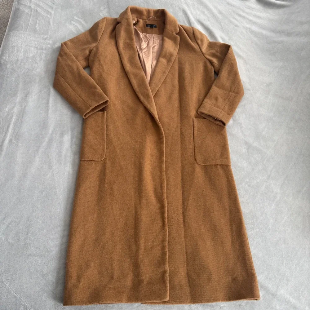 Topshop Women's Camel Brown Longline Open Front Winter Overcoat Jacket Size US 4